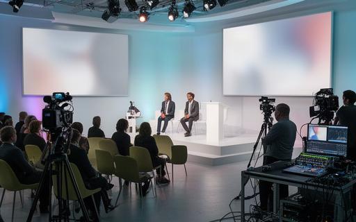 Evento aziendale ibrido con palco, relatori e postazione tecnica per collegamenti in diretta