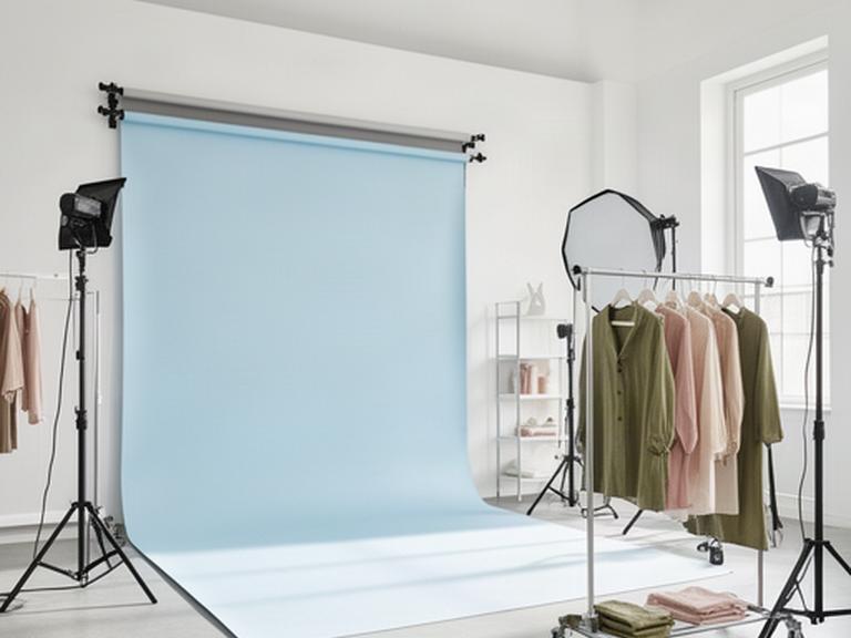 Set moda in una sala posa luminosa a Modena con fondali, stativi e abiti pronti per uno shooting fotografico