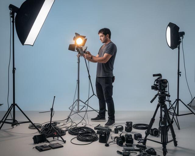 Tecnico che prepara luci e attrezzatura in uno studio di produzione audiovisiva a Modena