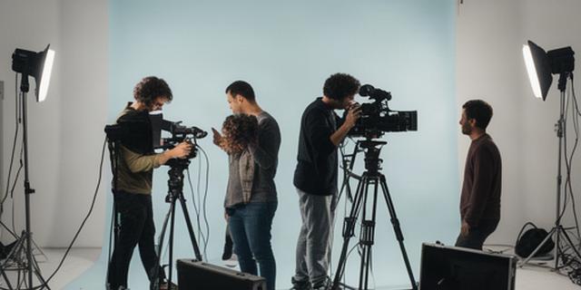 Troupe audiovisiva al lavoro in uno studio di produzione a Modena con fondali e attrezzatura tecnica