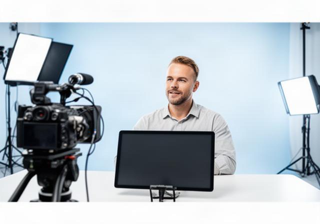 Docente in uno studio video luminoso mentre registra una videolezione con teleprompter e luci professionali