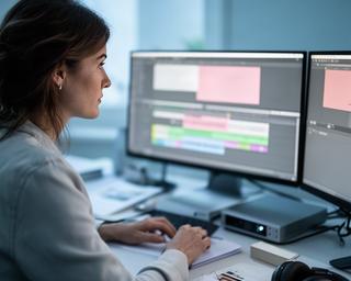 Supervisora di post-produzione davanti a monitor e materiali organizzati per la consegna